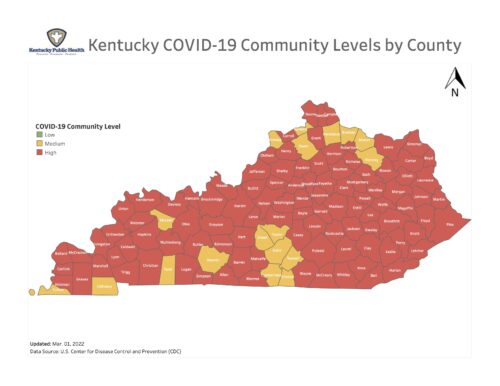 In the map above, Calloway County is shown to be in the yellow zone (Photo courtesy of ky.covid19.gov).