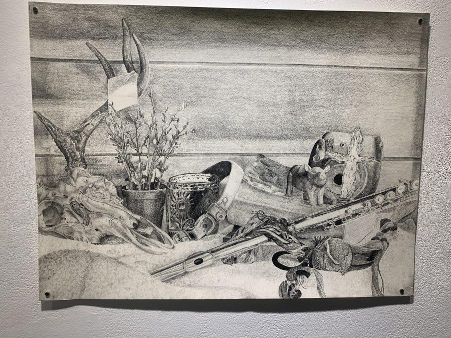 Small Snapshot graphite drawing by Paige Smalls composed of objects from around her house. 