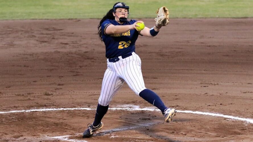 Sophomore right-handed pitcher Jenna Veber allowed five hits in game three of the Racers series against the Panthers. Phoro courtesy of Racer Athletics.