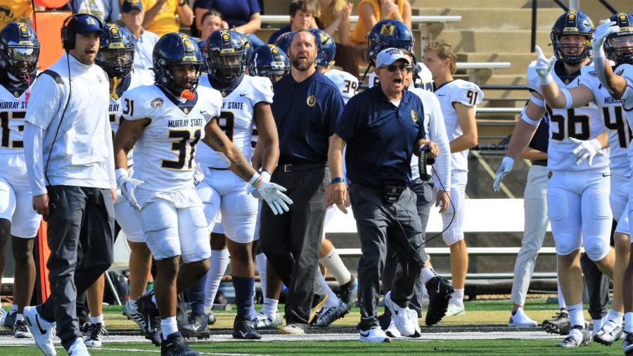 Head Coach Dean Hood gets fired up after a big play from the Racers against Lindenwood. Photo courtesy of Dave Winder/Racer Athletics.