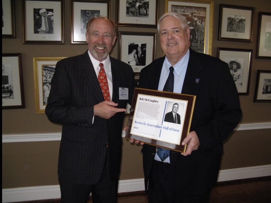 From left, Robert Valentine celebrates “Doc” McGaughey’s entry into Kentucky Journalism Hall of Fame (File photo).