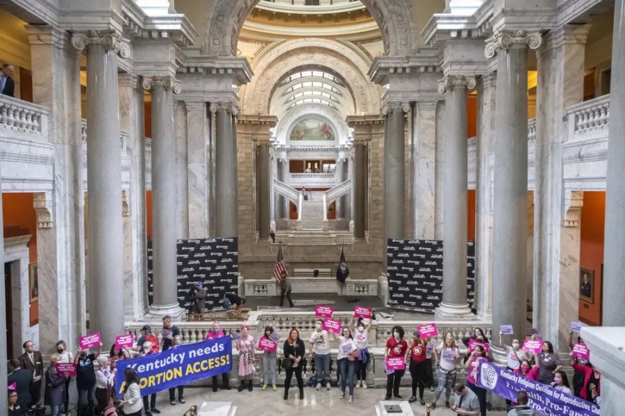 Protesters speak against abortion bans at the Kentucky State Capitol in April 2022 (Photo courtesy of AP). 