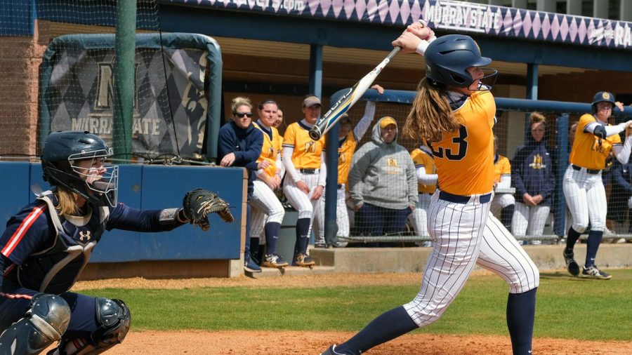 Sophomore infielder Erin Lackey hits a single in the Racers’ win over Western Illinois on Wednesday. Photo courtesy of Racer Athletics.