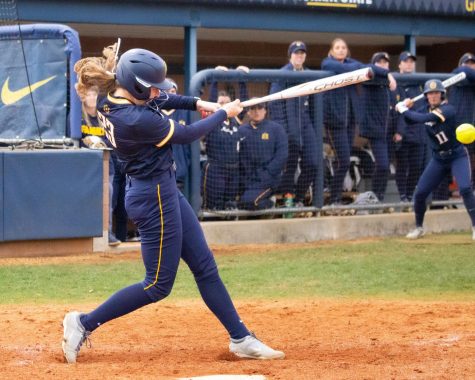 Sophomore infielder Erin Lackey records one of her seven hits at the Alex Wilcox Memorial Tournament. Photo by Rebeca Mertins Chiodini/The News.
