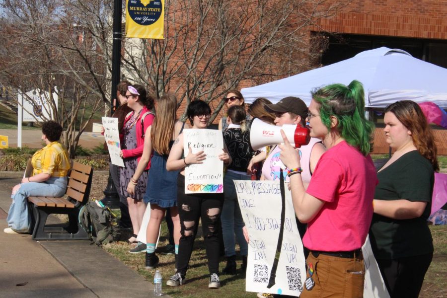 Students gather in the Free Speech Zone outside the Curris Center to protest and bring awareness about proposed anti-queer bills in Kentucky (Dionte Berry, The News) 