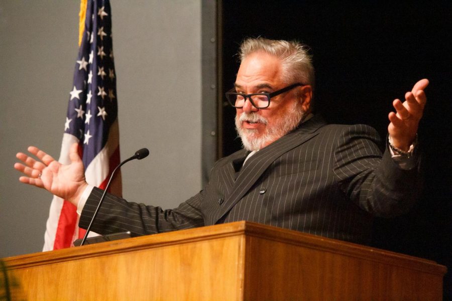 Actor and Alumnus W. Earl Brown speaks about his education and career for the Presidential Lecture, which was postponed in 2022 and held on Tuesday, Feb. 28 (Rebeca Mertins Chiodini, The News).