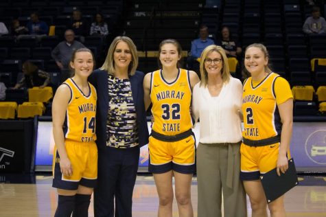 Head Coach Rechelle Turner and Assistant Coach Monica Evans honor senior guards Macey Turley and Jordyn Hughes and senior forward Alexis Burpo. Photo by Rebeca Mertins Chiodini/The News.