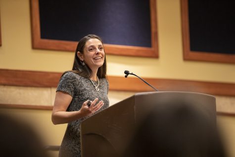 Vanderbilt Law School Professor Francesca Procaccini delivers the 45th annual Waterfield Lecture in the curris Center Ballroom on April 25. (Photo courtesy of Jeremy McKeel)