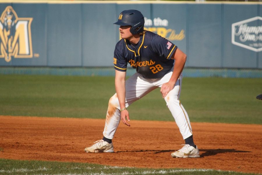 Senior outfielder Seth Gardner had two of the Racers seven hits in their 8-7 loss to the Arkansas State Red Wolves on Tuesday, April 11. Photo by Rebeca Mertins Chiodini/The News.