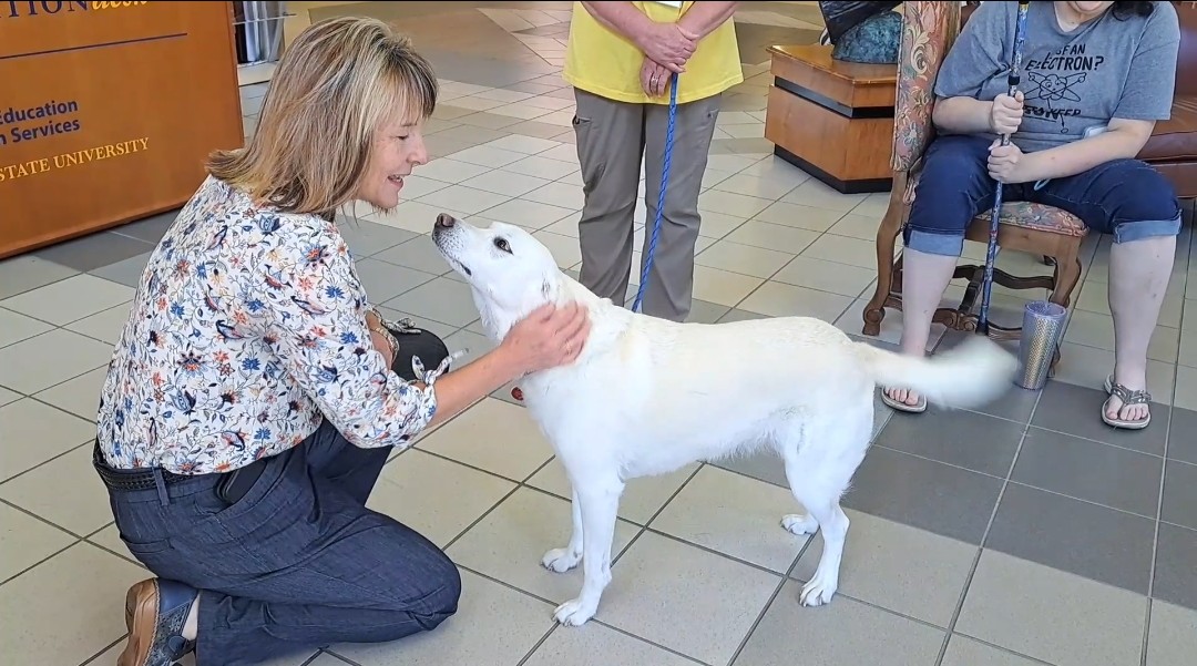 Peggy Whaley, Director for Student Engagement and Success, spends quality time with a therapy dog.