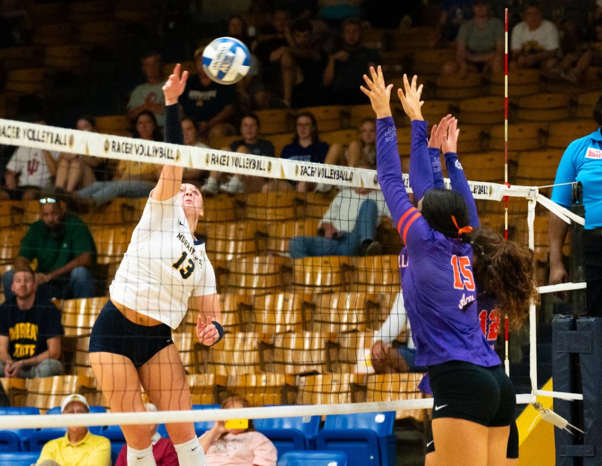 Senior outside hitter Darci Metzger goes up for a spike against Evansville.