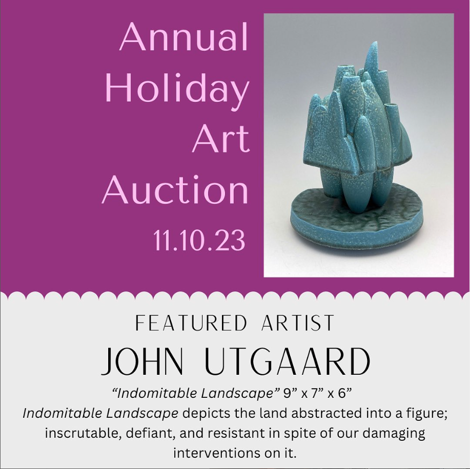 Annual Holiday Art Auction poster with featured artist John Utgaards piece Indomitable Landscape. Photo from @murraystateart on Instagram. 
