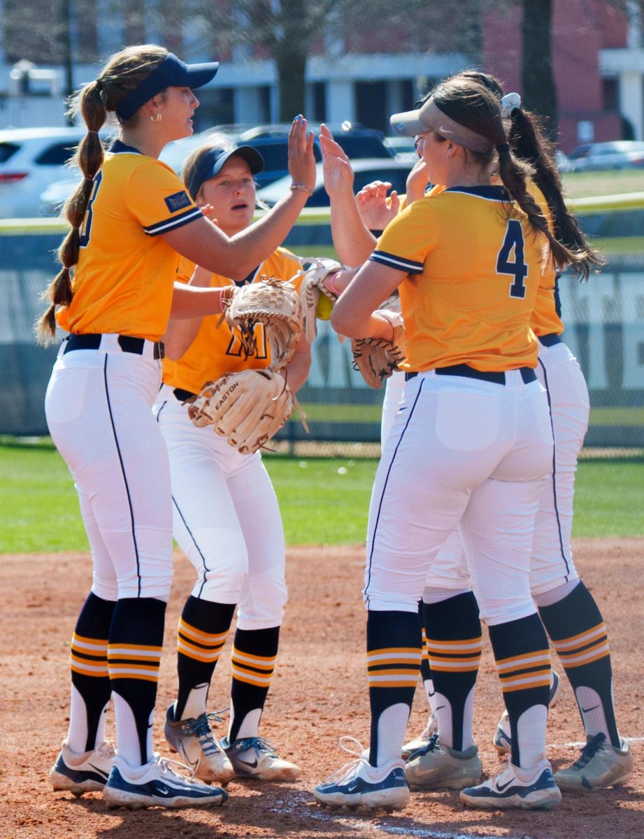 (From left) Bre Haislip, Adison Hicks, Lily Fisher and Jenna Veber high-five after an out.