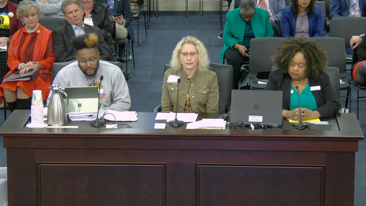 (L-R) Trinidad Jackson, Kimberly Kennedy and Felicia Nuwman speak in opposition of SB6. 
