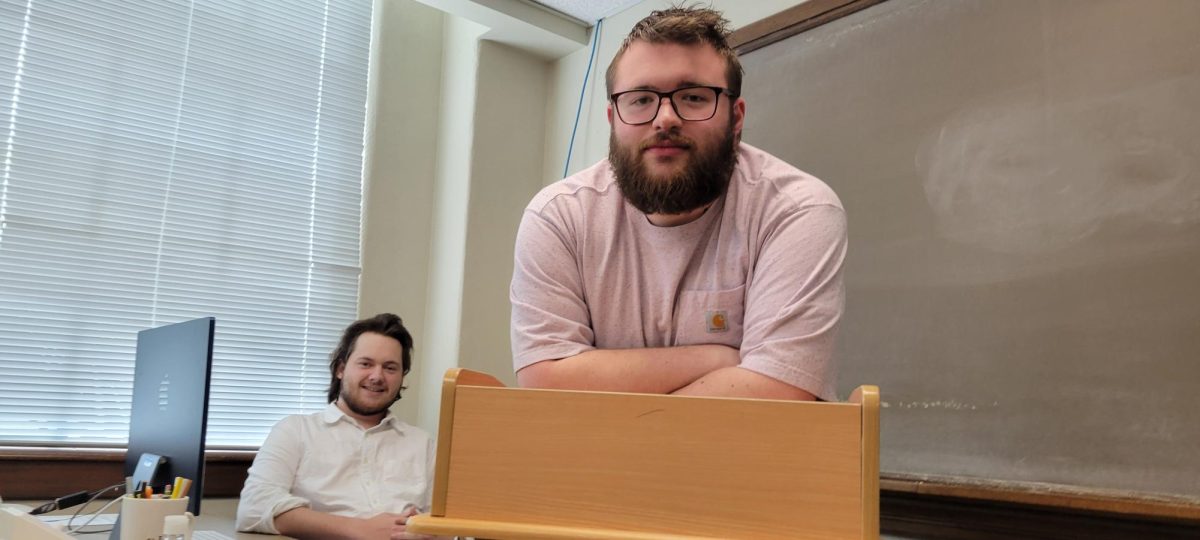 Mason Galemore, left, and Ben Overby take a break during their journalism capstone class after they discussed their 2020 freshmen year experience with Scottlynn Ballard 