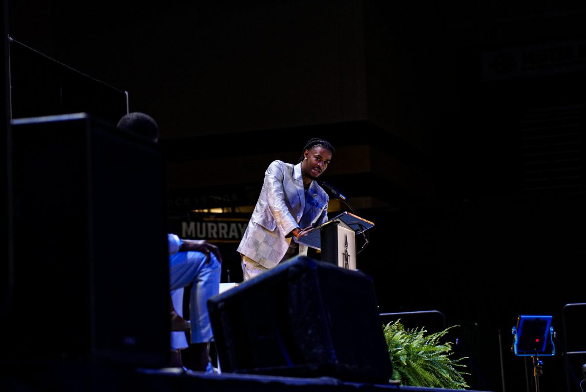 Ja Morant talks to the audience at Hoopalooza and his Hall of Fame induction Saturday night. 