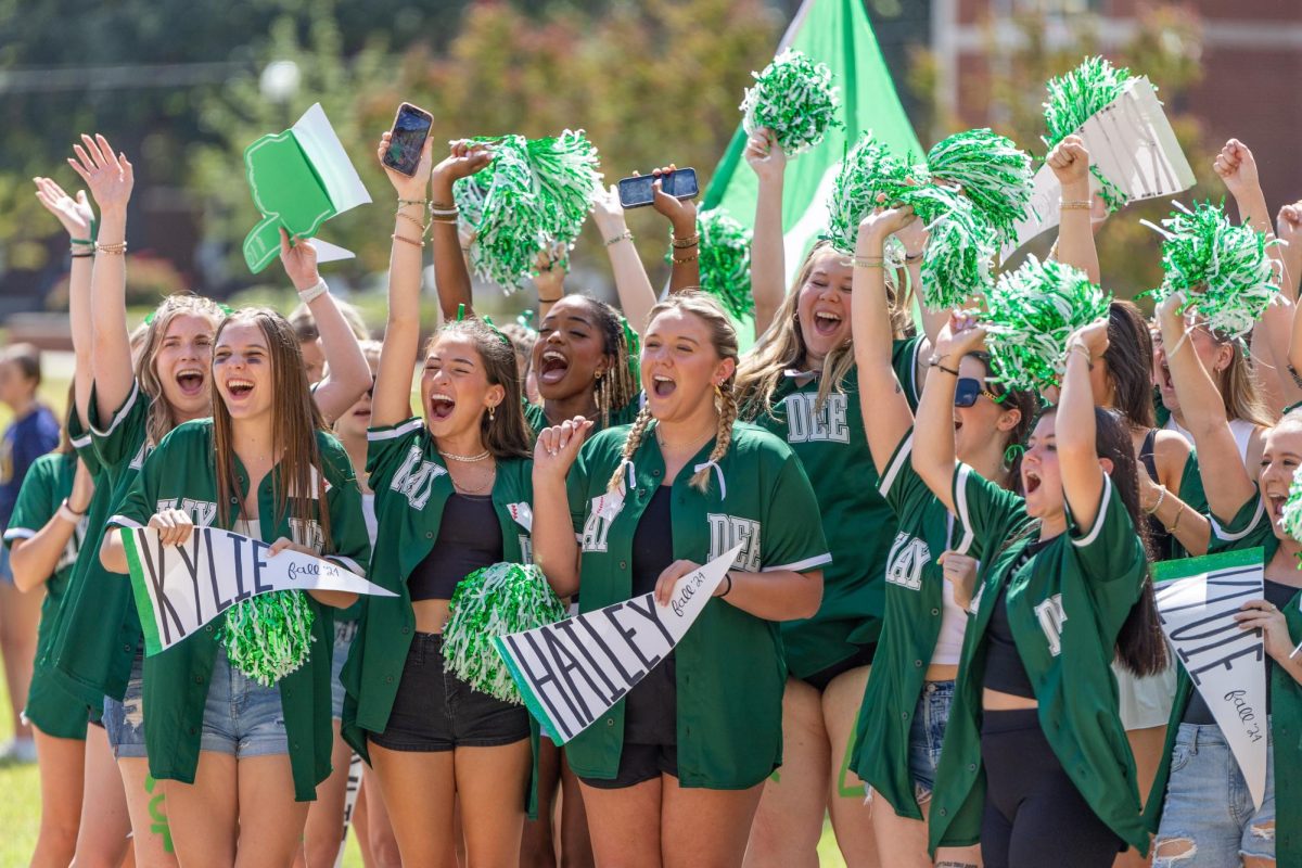 The sisters of Kappa Delta cheer before accepting new members.