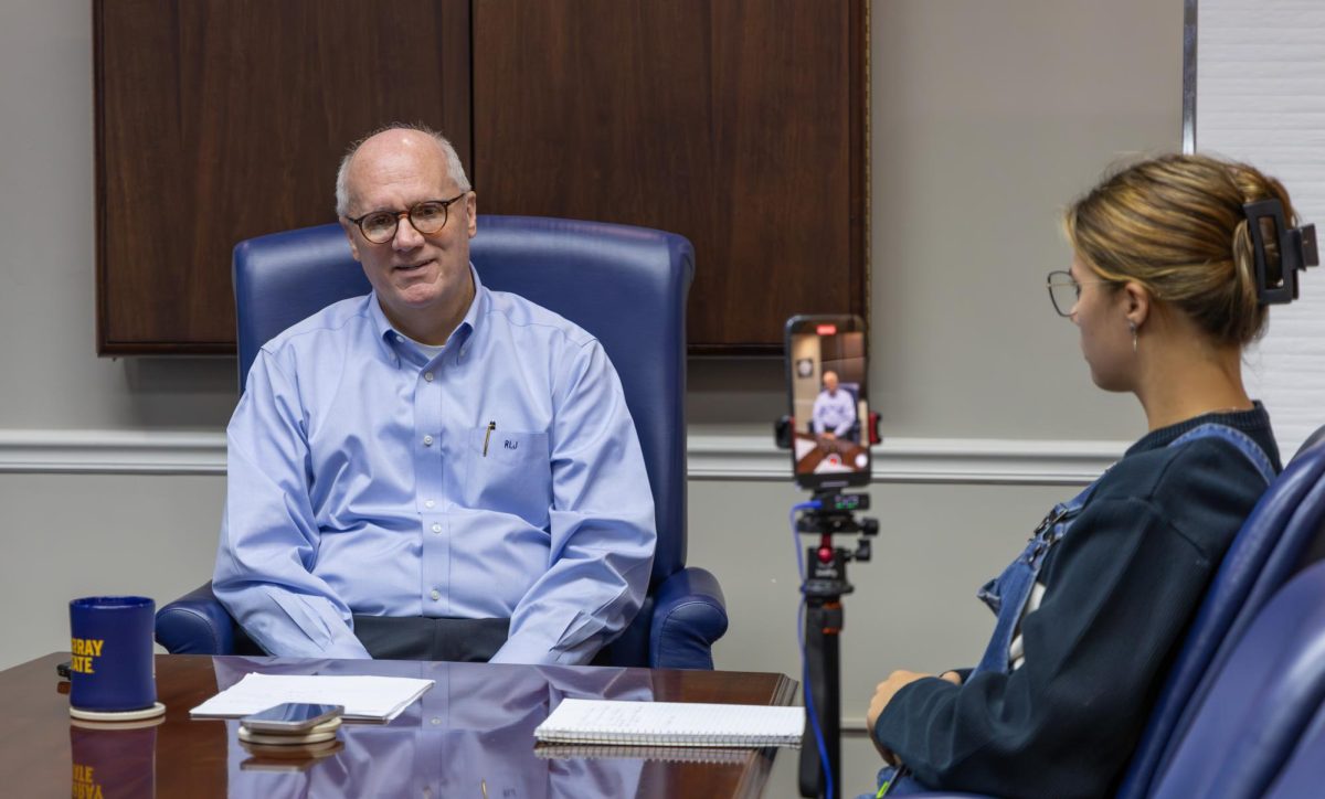 Bri Hunter, editor in chief of The News, interviews Bob Jackson, University president.