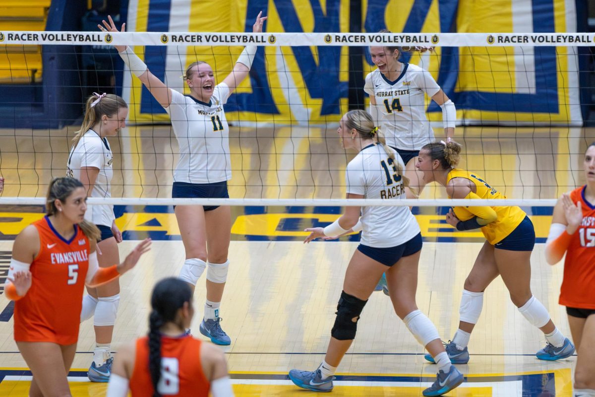 Murray State celebrates after a play. 