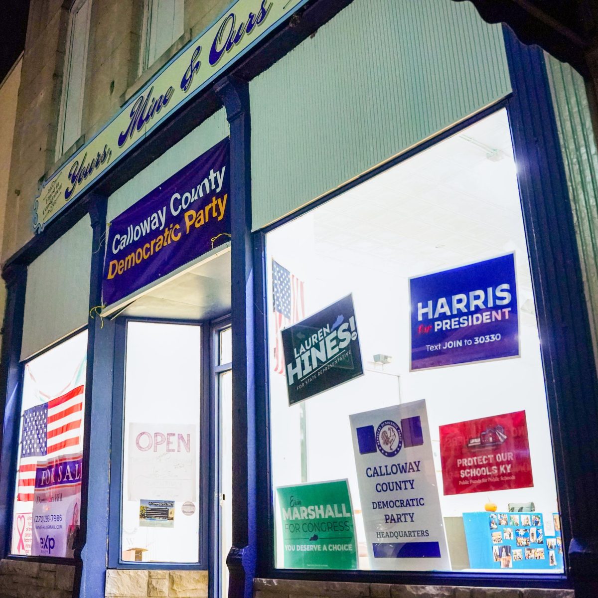 Members of the Democratic party gathered at the former Yours Mine and Ours consignment store on the court square. 