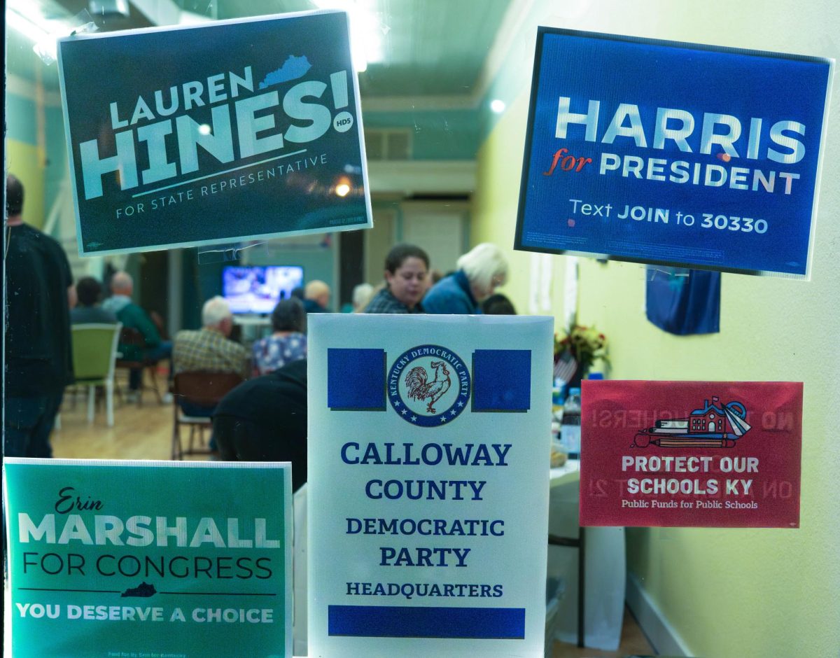 Members of the Democratic party gathered at the former Yours Mine and Ours consignment store on the court square. 