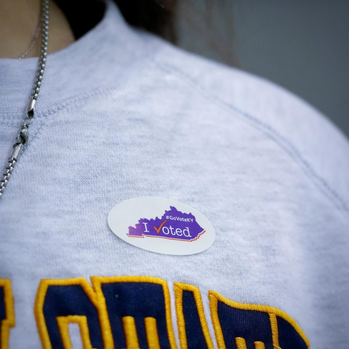 A Murray State student with an "I Voted" sticker.