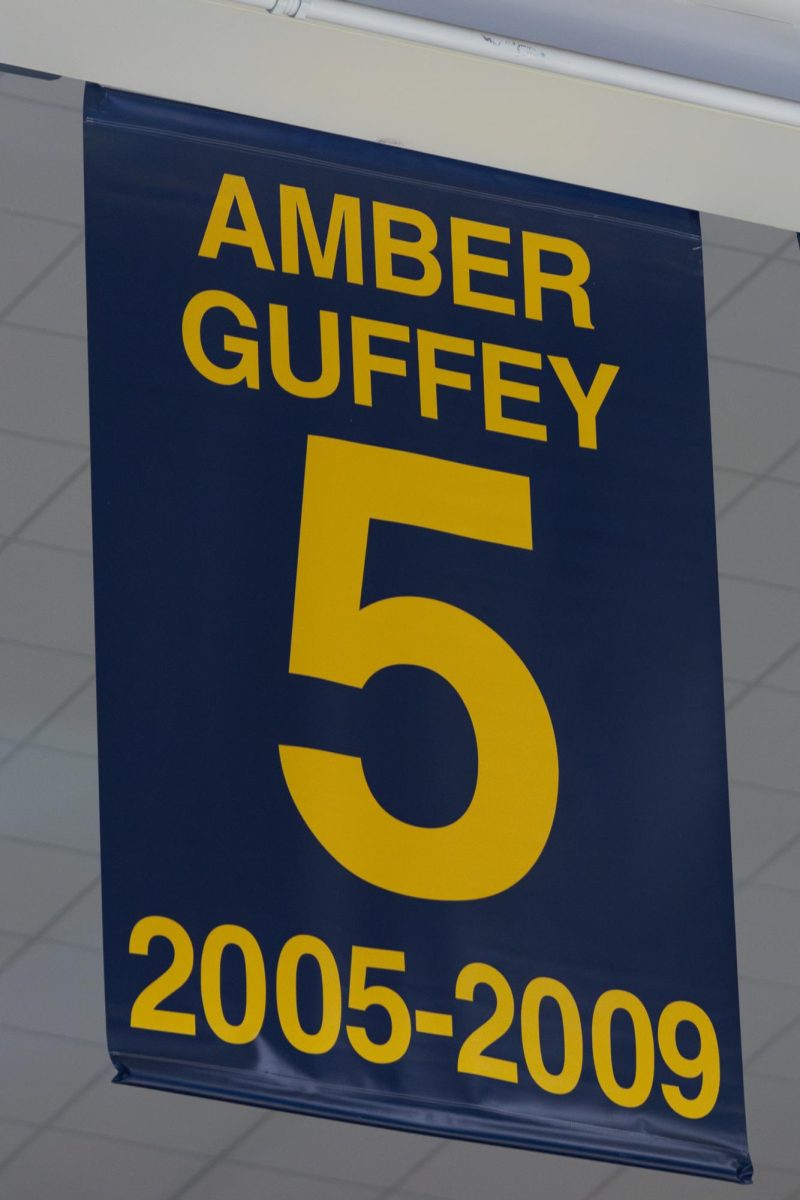 Amber Guffey's banner hangs in the rafters in the CFSB Center.