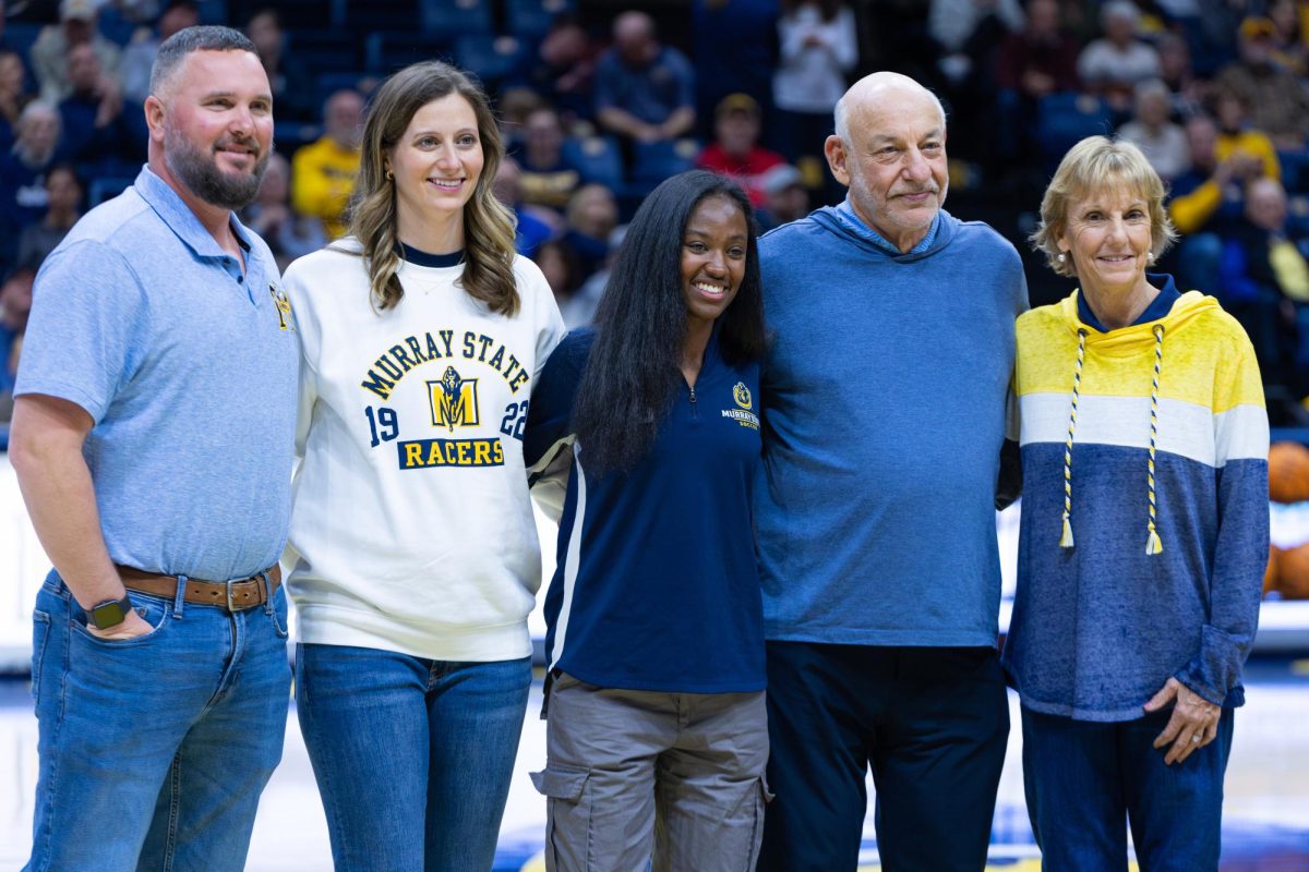 Members of the 2024 Murray State Hall of Fame class were honoured during the game. (From left to right: Daniel Calhoun, Becca Lamb, Miyah Watford, Jack Wolf, and Velvet Milkman)