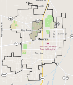 The shaded area represents the Murray State University campus. Power was restored to the northwest area of Murray early Saturday morning after an outage, but the outage continues on campus. 