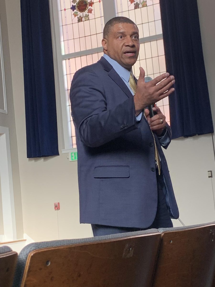 Patterson answers questions at his town hall meeting.