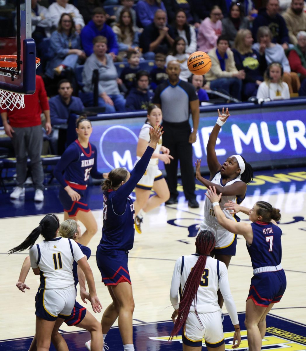 Junior guard Haven Ford shoots a floater over a Belmont defender.