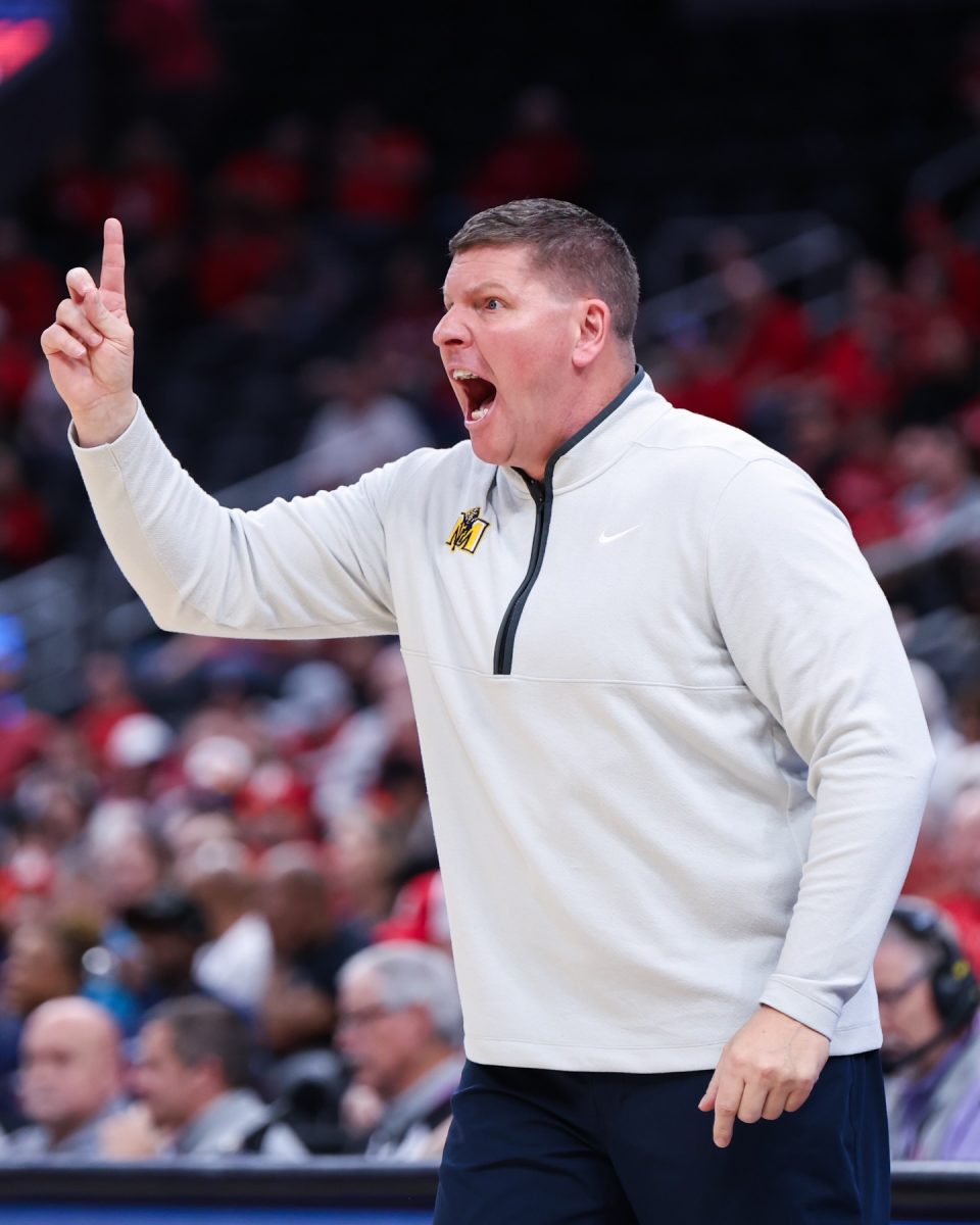 Coach Ryan Miller gets animated during the 92-78 loss against the UIC Flames at the Missouri Valley Conference Tournament in St. Louis. 